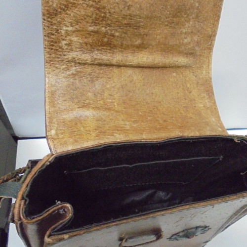 Vintage leather handbag with decorative ornaments, used, brown