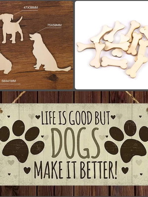 Wooden pet craft elements new, set with sign, 24 dogs and 50 bones