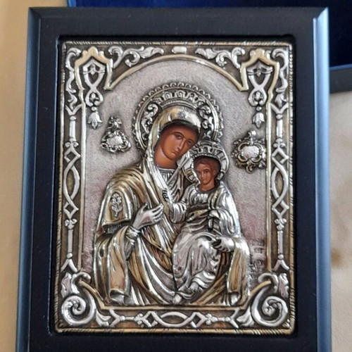 Icon Virgin Mary with Baby Jesus new, silver 950 and 24 carat gold, 16x19 cm