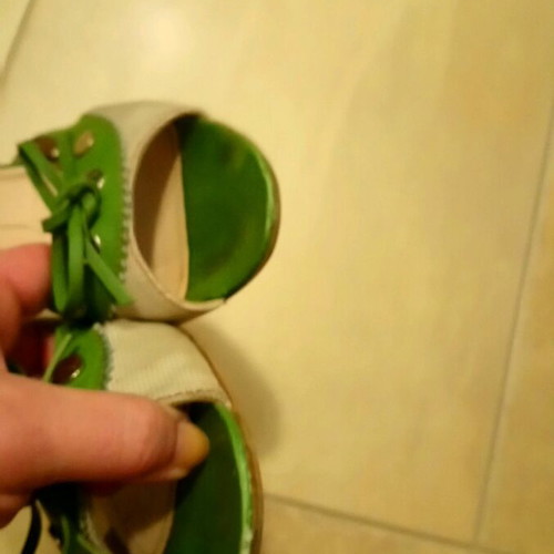 Tod's sandals used, beige and green with wooden heel, size 36.5