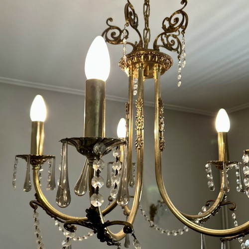 Five-Light Bronze Chandelier with Crystal Prisms like new