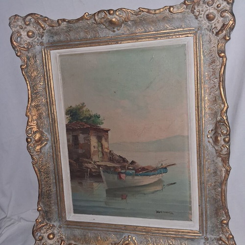 Kostopoulos Old Greek Seascape Oil Painting on Canvas with Embossed Frame