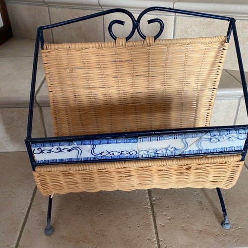 Rattan and metal newspaper and magazine holder like new