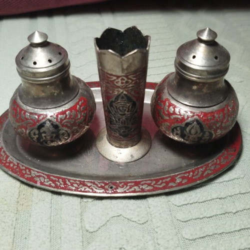 Salt and pepper set on tray with toothpick holder vintage enamel details
