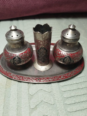 Salt and pepper set on tray with toothpick holder vintage enamel details