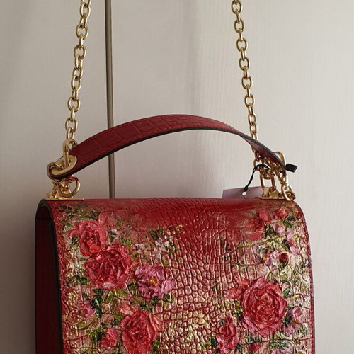 Leather crossbody bag red with hand-painted floral design new