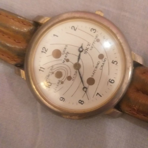 Wristwatch with planet design used, brown leather strap