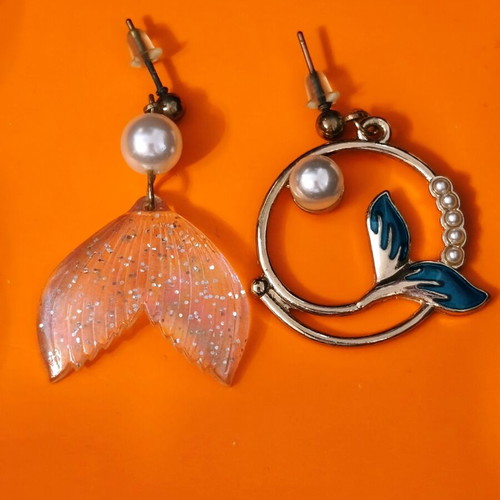 Mermaid Tail Earrings used with pearls, blue and gold