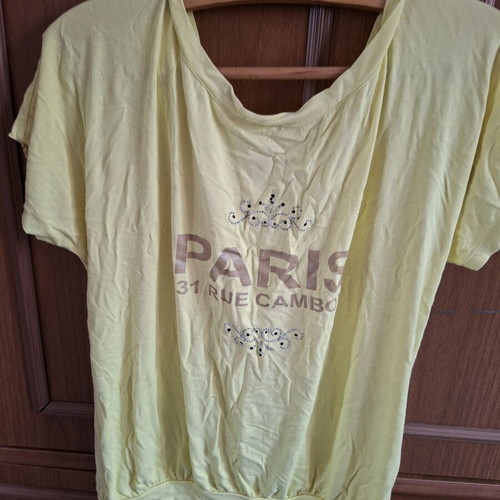 Derpouli T-shirt "Paris 31 Rue Cambon" used, yellow with rhinestones