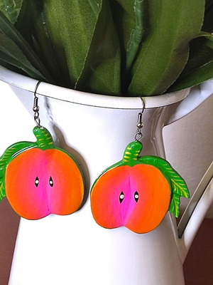 Handmade wooden earrings "Peach" like new, colorful