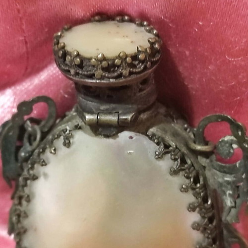 French antique perfume bottle used, mother of pearl with gilded bronze