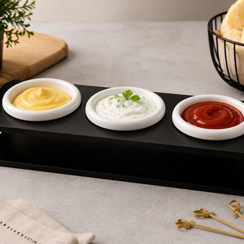 Serving set for sauces with 3 ceramic bowls on black base, new