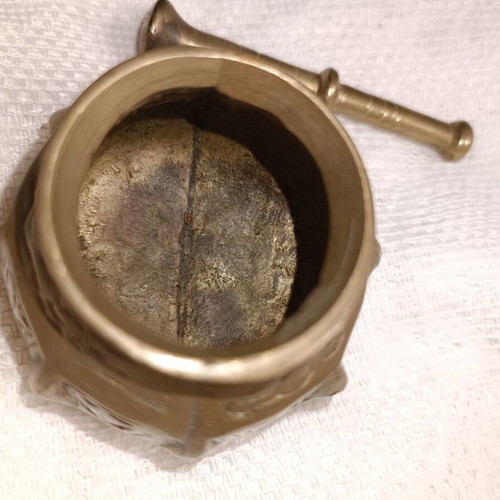 Brass mortar with pestle used, handmade, 1950s vintage