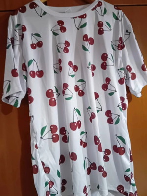 Shein cherry print T-shirt, white and red, XXL