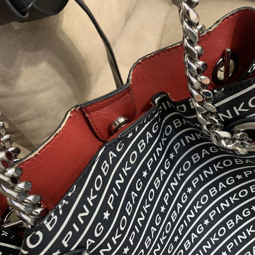 Pinko shoulder bag used, large black with silver chain and red lining