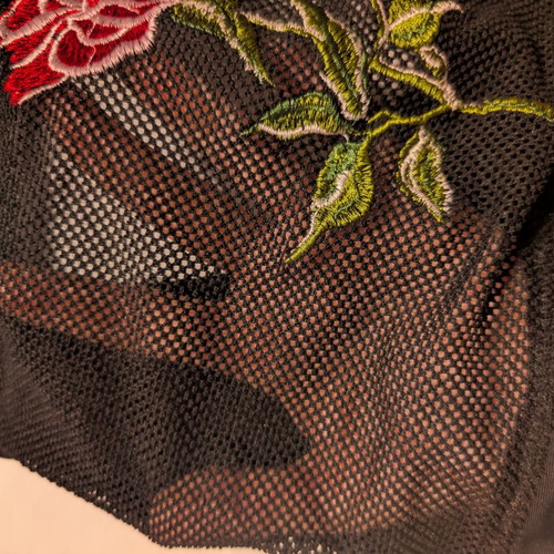 Black goth one piece swimsuit with mesh and embroidered rose, like new, size S/M
