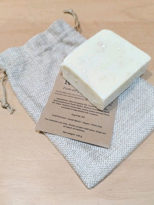 Artisan soap unused with fabric pouch and card