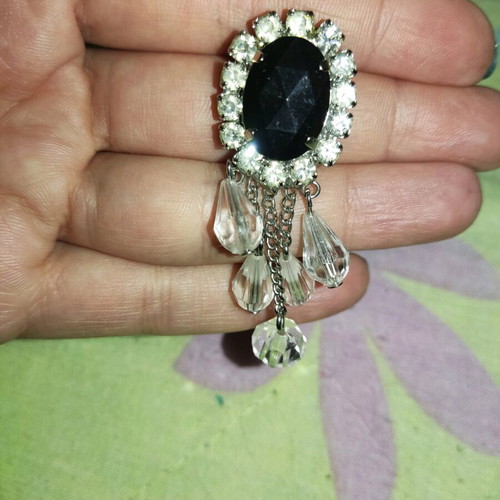 Pin with black bead, diamonds and hanging clear crystals like new