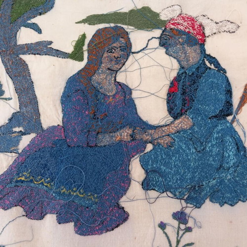 Engraved Folk Art Embroidery 'Ο Αρραβών' on Fabric, Used