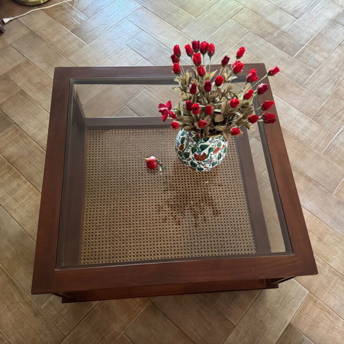 Classic coffee table rectangular 80x80x44cm like new, walnut or beech with glass