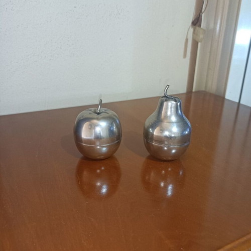 Vintage silver plate apple and pear containers, set of 2