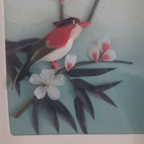Wall frame with bird made of feathers used, 18x12cm
