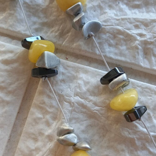 Handmade long necklace with hematite and yellow nephrite stones, like new