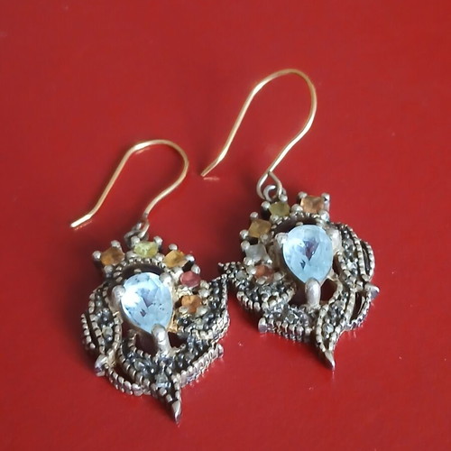 Earrings with semiprecious stones and vintage diamonds in 925 silver and 9k gold