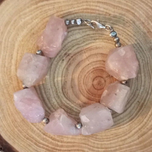 Silver bracelet 925 with raw rose quartz like new, length 18cm