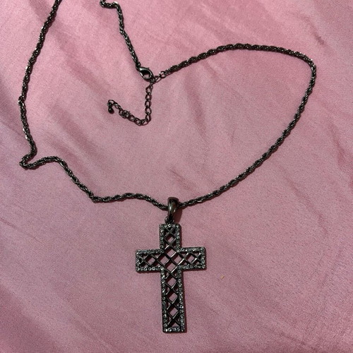 Steel cross necklace with crystal detail like new, black
