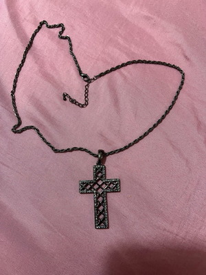 Steel cross necklace with crystal detail like new, black
