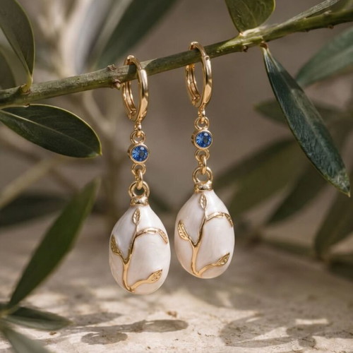 Designer Gold Drop Earrings with Pearl Effect and Blue Crystal, New