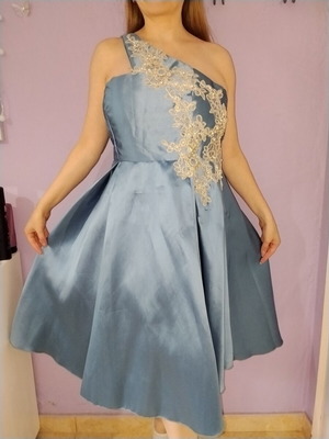 Baby Blue Dress new, satin, one shoulder with pearl embroidery, size XL