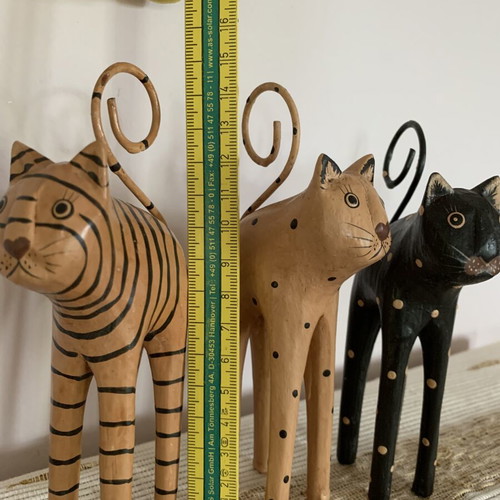 Handmade wooden cat set of 3 with wire tails, new