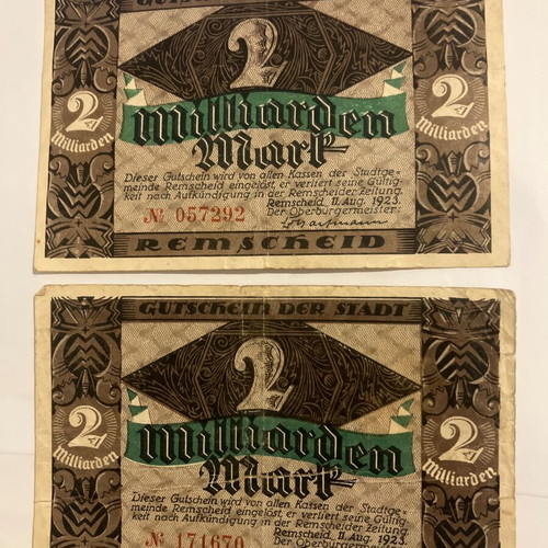 Pair of German 2 Billion Mark Banknotes 1923 used
