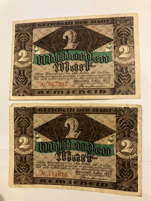 Pair of German 2 Billion Mark Banknotes 1923 used