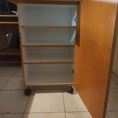 Office cabinet with cupboard and shelves, like new, brown melamine, with wheels