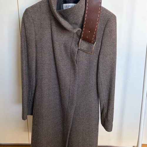 Depolo wool coat with leather belt used, herringbone pattern, size S