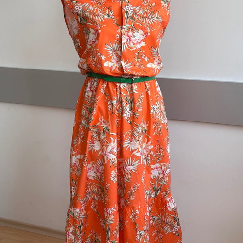 Summer orange dress with green leather belt like new