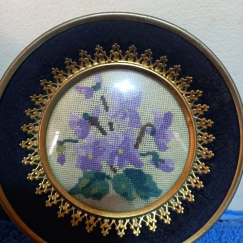 Embroidery set used, 2 pieces with vintage brass round frames