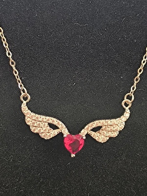 Angel Wings Necklace with Red Heart in Rose Gold