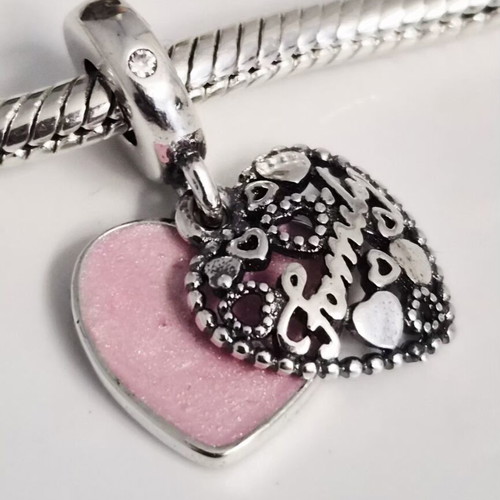 Pandora double heart family charm, new, pink and silver