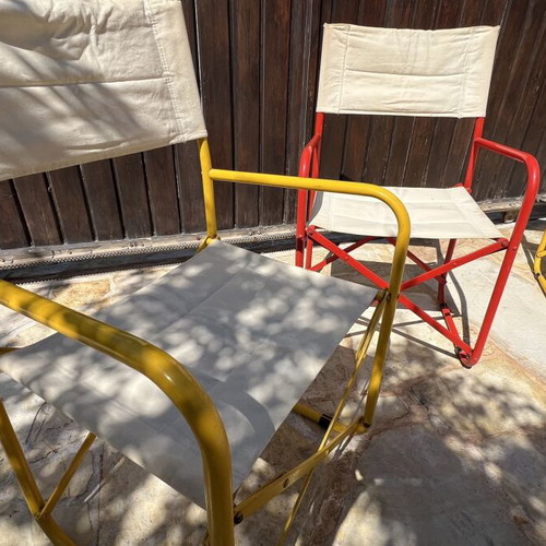 Set of 4 folding canvas chairs, metal frame, yellow and red