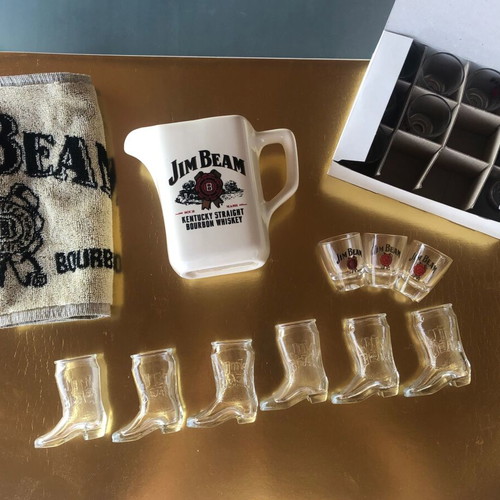 Jim Beam promotional set with shot glasses boots, classic glasses, pitcher, towel new