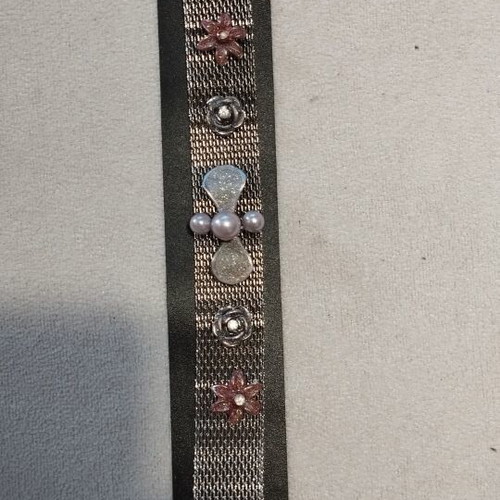 Wide mesh bracelet 2cm with romantic flowers & pearls, silver/pink