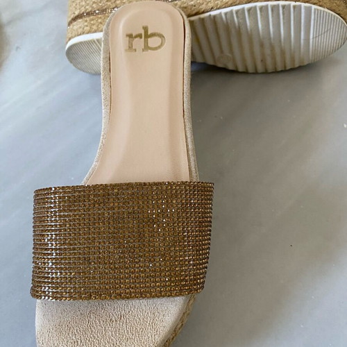 Gold slippers with straw platform and rhinestones like new