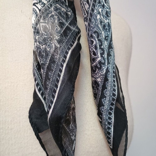 Silk square scarf used, black and white striped with elephants