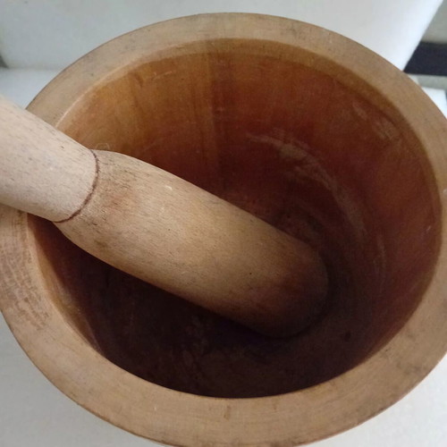 Large wooden vintage mortar and pestle
