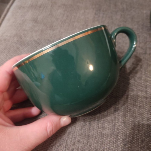 Jacobs breakfast bowls and mugs set of 4 used, green with gold trim