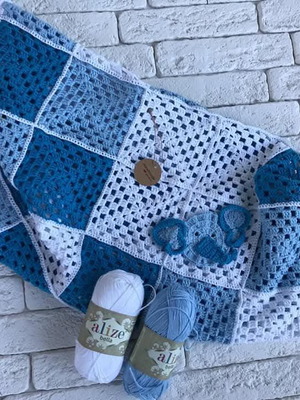Handmade baby blanket with elephant design, new, cotton yarn